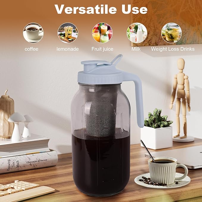 QHH Cold Brew Coffee Maker,64 oz Mason Jar Pitcher with Stainless Steel Filter, Pour Spout Handle Lid, Heavy Duty Glass Airtight & Leak-Proof Pitcher for iced coffee Tea Lemonade-Gray