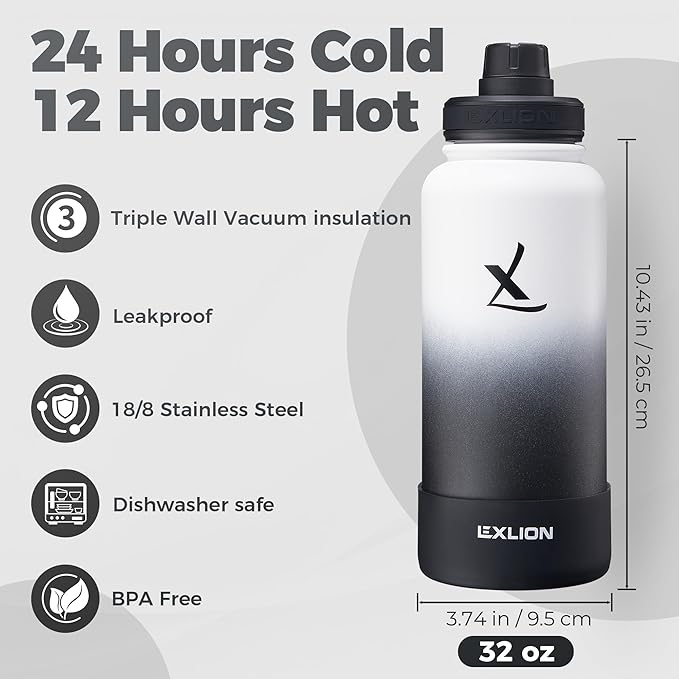 Lexlion Tea Infuser Water Bottle 32 Oz – Triple Wall Insulated Stainless Steel, Loose Leaf & Fruit Strainer, 3 Leakproof Lids, BPA-Free Silicone Sleeve, Reusable Thermal Mug
