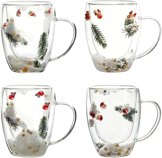 Christmas Glass Coffee Mugs Set Of 4-12oz Double Wall Insulated High Borosilicate Glasses Mugs With Handle For Latte,Cappuccino,Tea Bag