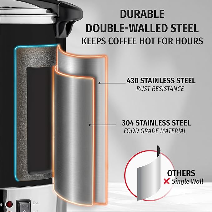 Zulay Commercial Coffee Maker - 100 Cup Coffee Percolator With Double-Wall Stainless Steel & Twist-Lock Lid - Quick Brewing Coffee Urn With Keep-Warm Mode For Events & Catering - Black