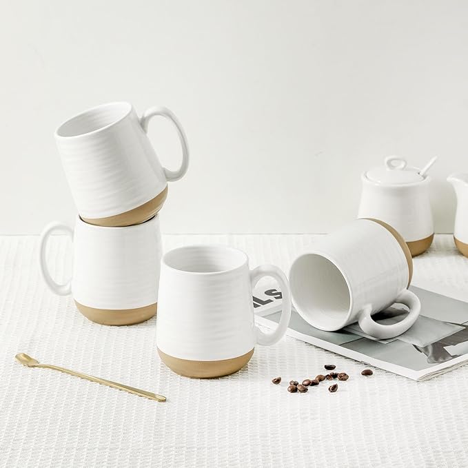 HASENSE Coffee Mugs Set of 4, 15 oz Ceramic Coffee Cups with Comfortable Handle, Large Tea Cups for Coffee, Soup, Latte, Mug Set Gift for Wedding, Microwave and Dishwasher Safe, White