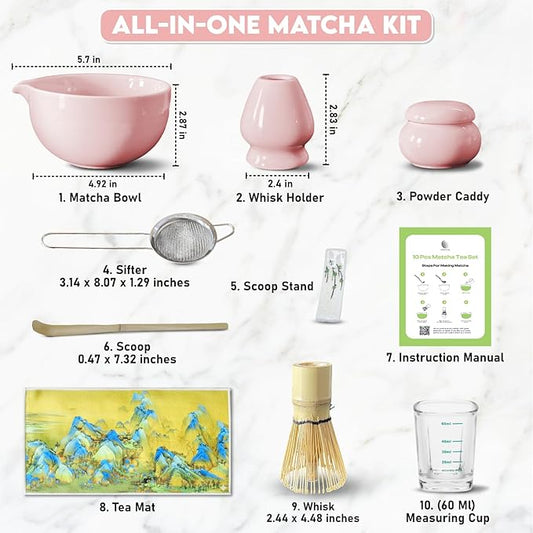 10-Piece Matcha Whisk Set | Complete Matcha Tea Kit with 17oz Ceramic Bowl, Bamboo Whisk & Scoop, Whisk Holder, Stainless Steel Sifter, Measuring Cup, Powder Caddy, Tea Towel | Gift-Ready Matcha Set