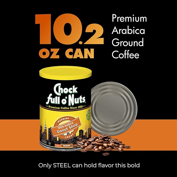 Chock Full o’Nuts Donut Shop Roast Ground Coffee, Light Roast - Arabica Coffee Beans – Mildly Roasted, Smooth-Flavored Breakfast Blend (10.2 Oz. Can)