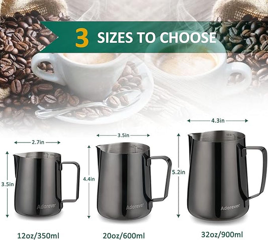Milk Frothing Pitcher, 350ml (12oz) Steaming Pitchers Stainless Steel Milk Coffee Cappuccino Latte Art Barista Steam Pitchers Milk Jug Cup with Decorating Art Pen, Bright Black