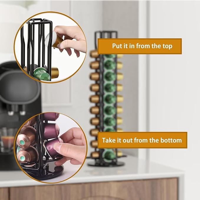 SEVENLINE Coffee Pod Holder Stand Compatible With Nespresso Original Pods Carousel Storage Rack Capsules Organizer For 40 Capsules (Black)