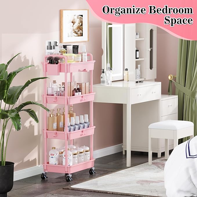 4 Tier Rolling Utility Cart with Drawer, Storage Organizer Cart with 2 Lockable Wheels, Multifunctional Rolling Storage Cart for Bathroom, Kitchen, Craft, Makeup, Baby Essentials, Pink