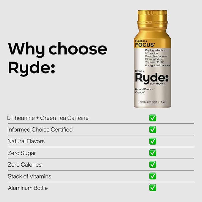 Ryde: Focus Shot | Orange Flavor | L-Theanine & Ginseng | Green Tea Caffeine | Vitamins B2 & B7 | 0 Calories, 0 Sugar | 2 FL OZ Shots | Supports Focus* (8 Pack)