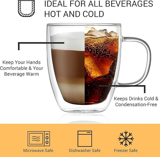 Double Walled Glass Coffee Mugs with Handle (Set of 2) - 19oz Clear Espresso Cup, Transparent Coffee Mugs for Daily Use & Gift, Transparent Mug for Hot Coffee, Iced Tea & Cappuccino (560 ml)