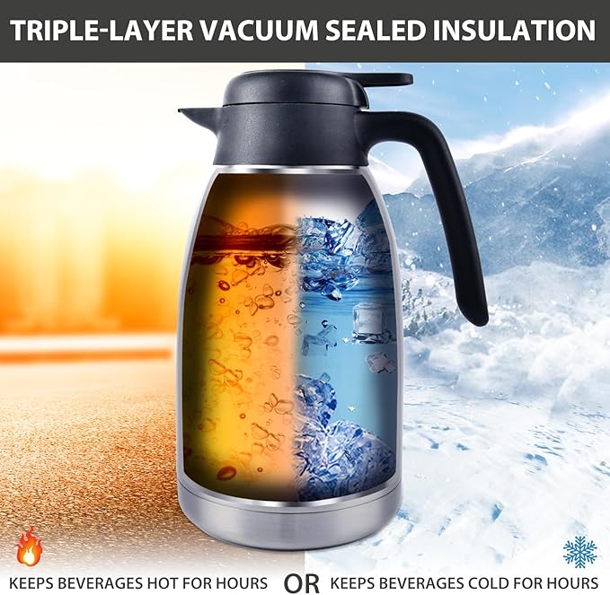 Heritage66 Thermal Coffee Carafe with Cleaning Brush – 68 oz (2 L) Vacuum Insulated Stainless Steel Beverage Dispenser, Keeps Drinks Hot 12 H/Cold 24 H, Ideal for Home, Office & Parties