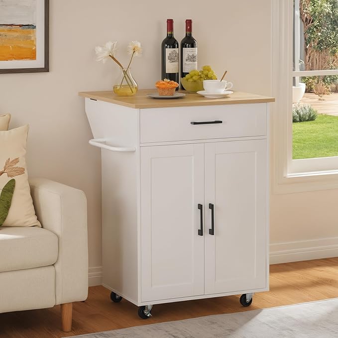 Kitchen Island on Wheels with Drop Leaf, Folding Countertop Kitchen Island Cart, Kitchen Island Table with Towel Rack, Drawer, for Kitchen, Dining Room, White and Natural KINW12501