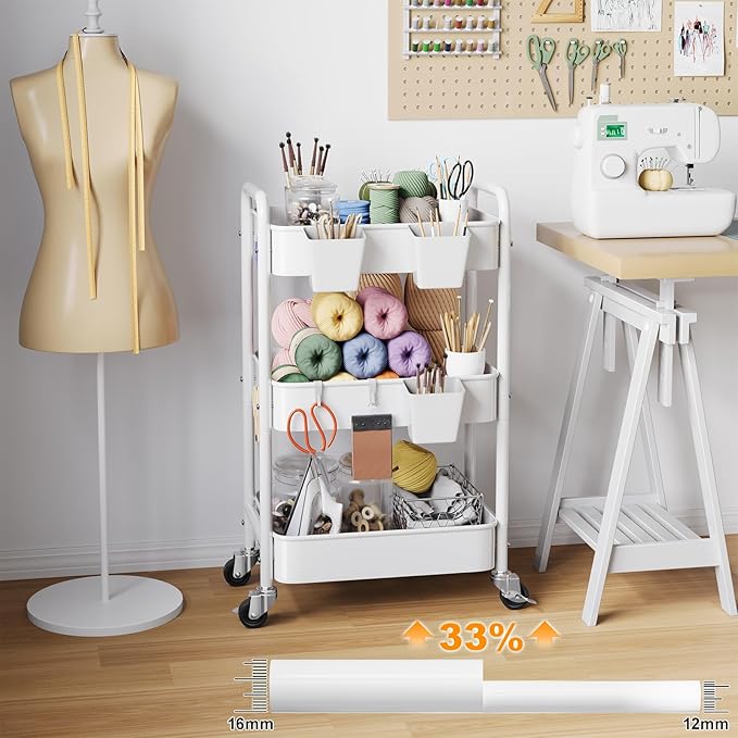 3 Tier Rolling Cart Metal with Wheels, White Three Tiered Craft Cart Organizer on Wheels, Storage Utility Carts for Art, Baby Nursery,Diaper Caddy, Cleaning Supplies, Nail,Lash,Snack,Book,Roller Shelf