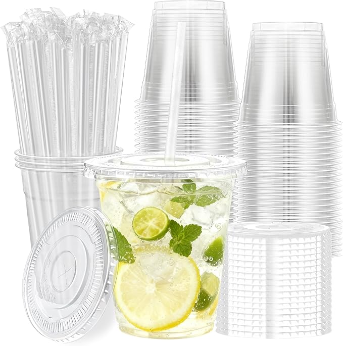 Lamosi 100 Pack 12 oz Clear Plastic Cups with Lids and Straws, Disposable Plastic Coffee Cups with Lids for Iced Coffee, Cold Beverages, Smoothies and To-Go Drinks