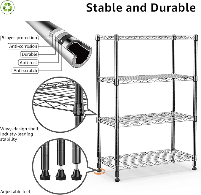 M MZG 1000 lbs Storage Shelving Steel Heavy Duty 4-Tier Utility Shelving Unit Steel Organizer Wire Rack for Home,Kitchen,Office,Black (13.7" D x 23.6" W x 53.4" H)