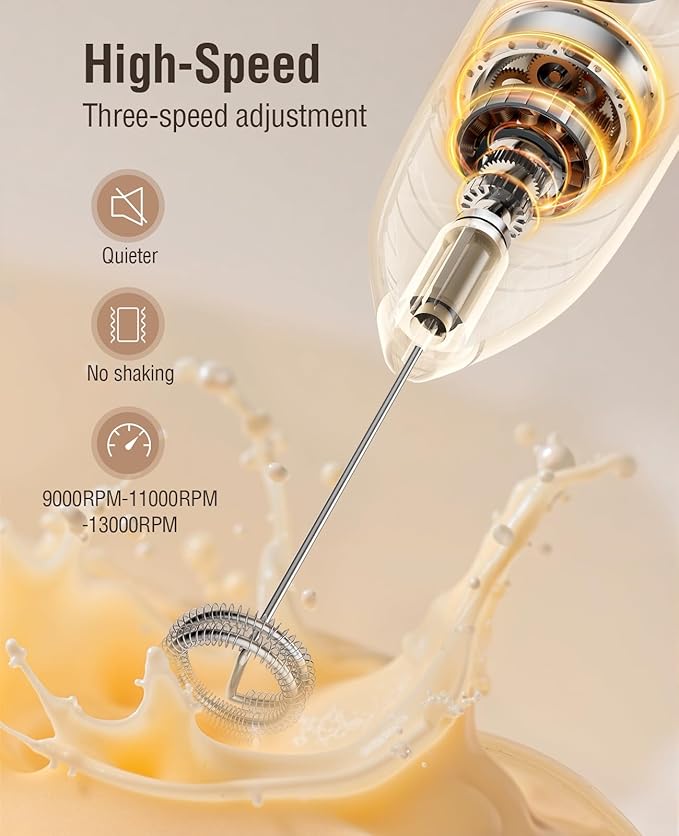 Electric Milk Frother Handheld: coffee frother rechargeable 3 in 1 - LED Display, Wireless Charging - 3 Speeds, Stainless Steel Whisk for Latte, Cappuccino - Bright Grey