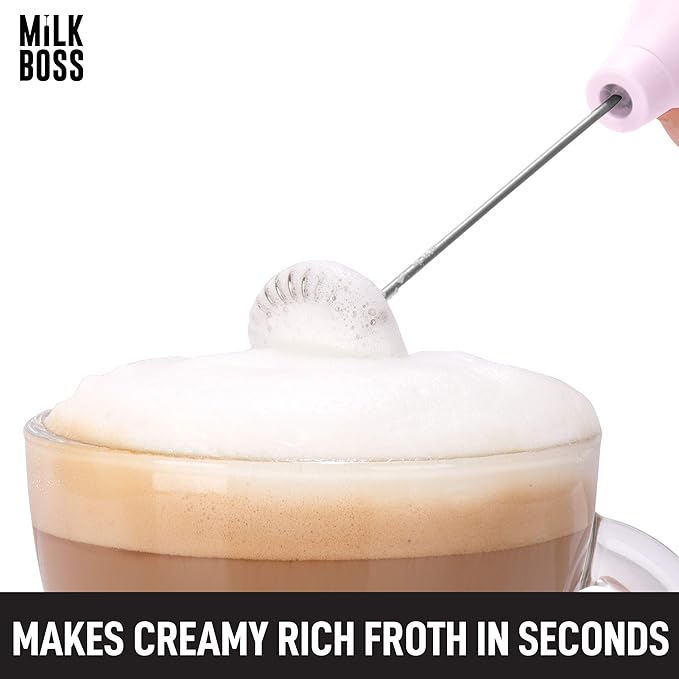 Milk Boss Mighty Milk Frother Handheld Whisk Mixer - Coffee Frother Electric Handheld Foam Maker & Frother For Coffee - Portable Electric Whisk With 16-Piece Stencils For Lattes, Matcha & More (Pink)