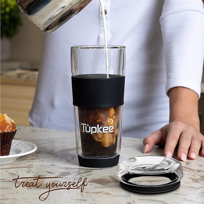 Tupkee Double Wall All Glass Tumbler - 14-Ounce, Reusable Insulated Tea/Coffee Mug & Lid, Hand Blown Glass Travel Mug - Black - 2 Pack