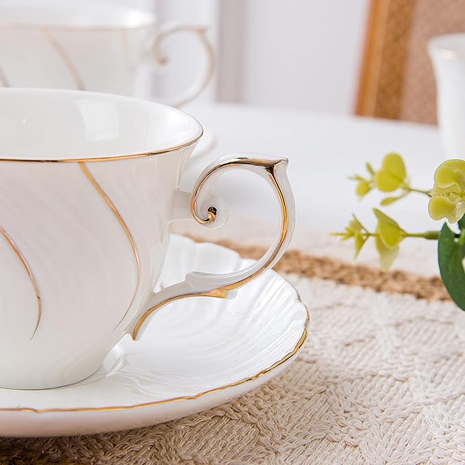 Tea Cups Set Of 6, Tea Cup And Saucer Set,6oz for Tea,Coffee, Latte, Cafe Mocha, Porcelain Tea Party Set (White with gold thread set of 6)