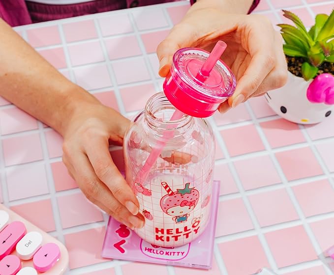 Silver Buffalo Sanrio Hello Kitty Strawberry Milk Grid Glass Milk Bottle with Straw, 15 Ounces
