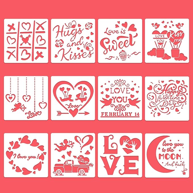 Valentines Day Cake Stencils Kit Reusable Cookie Coffee Stencil Drawing Template for Dessert Buttercream Painting Envelopes DIY Crafts Wall Floor Decor (12 Pcs Confession of Love)
