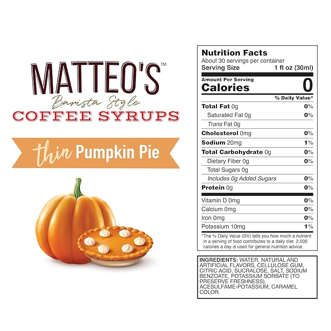 Matteo's Pumpkin Pie Syrup for Coffee, Lattes, Cappuccinos & Desserts – Sugar-Free Sweetener for Beverages, Keto Friendly, Zero Calories, Indulgent Flavor, Non-Alcoholic, 33.8oz (1pk)