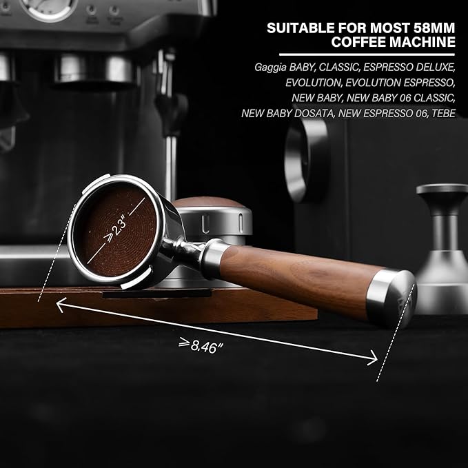 58mm Espresso Bottomless Portafilter with 2 Ear | Fits Most Gaggia Espresso Machine | Food Grade Stainless Steel Basket and Walnut Handle | 58mm Espresso Machine Accessories