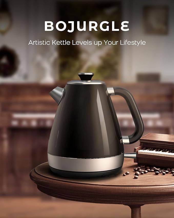100% Stainless Steel Electric Kettle - No Plastic Contact with Water, 1.7L Retro Water Boiler with 304 Stainless Steel Inner Lid & Spout, 1200W Fast Boiling, BPA Free, Auto Shut-Off, Black