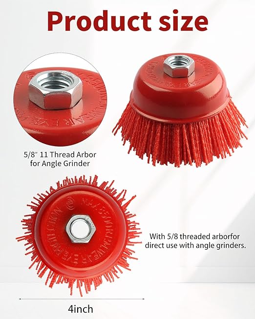4 Inch Nylon Cup Brush for Drill, 4Pcs Wire Wheel for Angle Grinder 5/8 Inch-11 Threaded Arbor, Nylon Brush for Angle Grinder Ideal for Removing Rust, Corrosion, Paint.
