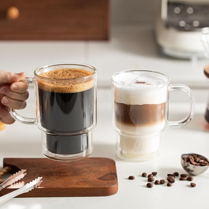 INSETLAN 16oz Double Wall Glass Coffee Mugs Set of 2, Insulated Borosilicate Cups with Handles, Clear Heat Resistant Glasses Mugs for Hot Beverages, Cappuccino, Espresso, Latte, Tea