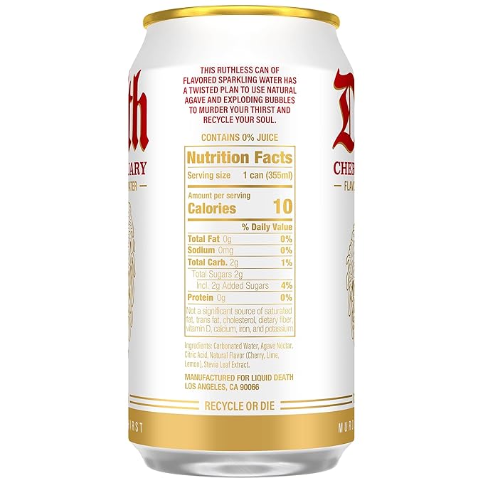 Liquid Death Soda-Flavored Sparkling Water - Cherry Obituary, Less Sugar*, Huge Flavor, No Caffeine, No Artificial Sweeteners, 12 Fl Oz (Pack of 12)