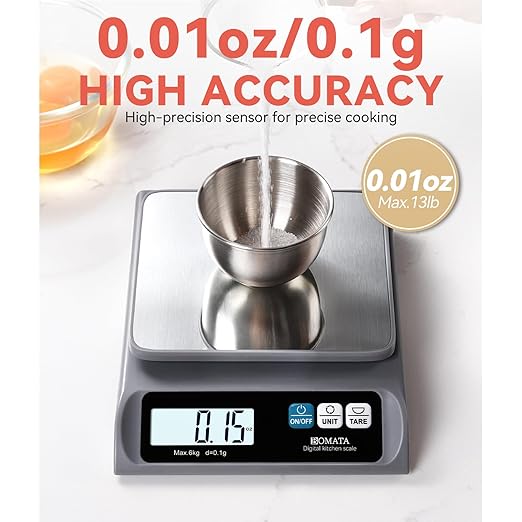BOMATA 0.1g/ 13lb Food Scale, USB Rechargeable, Digital Kitchen Scale with Removable Stainless Steel Pan, Backlit LCD Display, for Cooking, Baking B621 Grey
