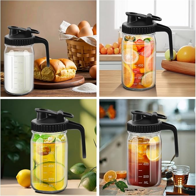 2Pcs Wide Mason Jar Pitcher,32oz Glass Pitcher with Lid Double Leak-proof with Handle Water Jug Wide Mouth Breast Milk Fridge Container for Water, Juice (32oz Black 2pc)