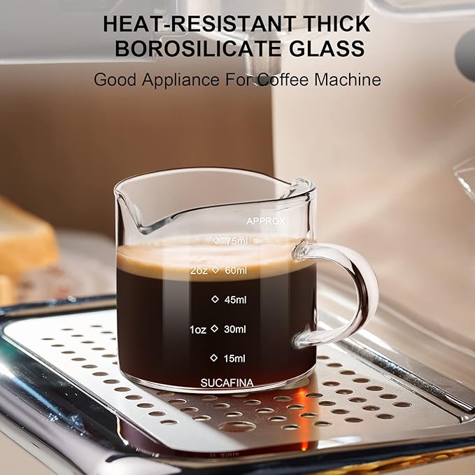 PARACITY Espresso Cup with Handle, 2.5 OZ Double Spout Clear Glass Measuring Cup with Dual Scale, Espresso Shot Glass with V-Shaped Mouth, Espresso Accessories