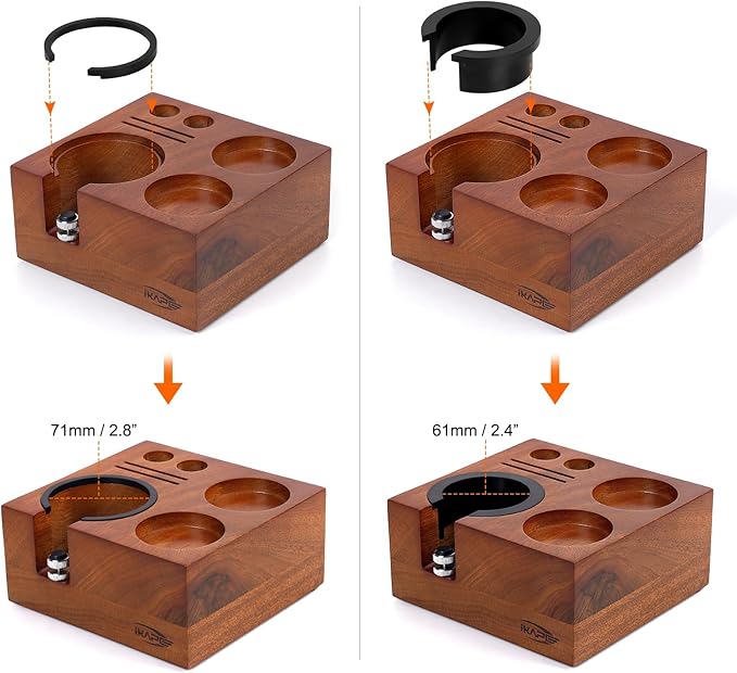 IKAPE Espresso Tamper Holder, Wooden Coffee Tamper Station Base, Natural Walnut Espresso Tamp Mat Stand Fit for 51, 54, 58mm Espresso Accessories, Smile Modeling
