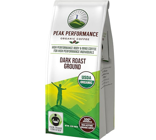 Peak Performance High Altitude Organic Coffee - Fair Trade, Low Acid, Non GMO, and Beans Full of Antioxidants - Dark Roast Smooth Tasting USDA Certified Organic Ground Coffee Bag 12 oz