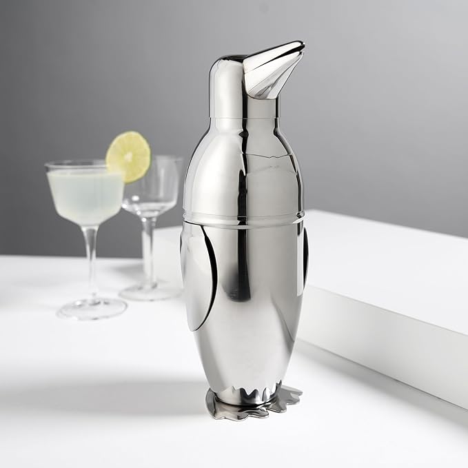 Viski Penguin Cocktail Shaker with Strainer, Stainless Steel Cobbler Shaker for Margaritas, Whiskey Sours & Other Cocktails, Bar Cart Accessories for Home Bars, Cocktail Party Essentials, 17 oz