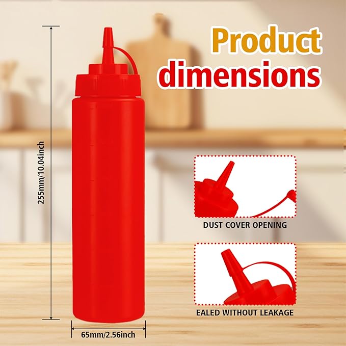 Squeeze Bottles for Sauces,Leak-Proof Condiment Dispenser, BPA-Free Kitchen Restaurant Squeeze Bottle Set with Wide Mouth for Ketchup, Mustard,Syrup,Dressings (Red, 2Pack-24oz(600ml))