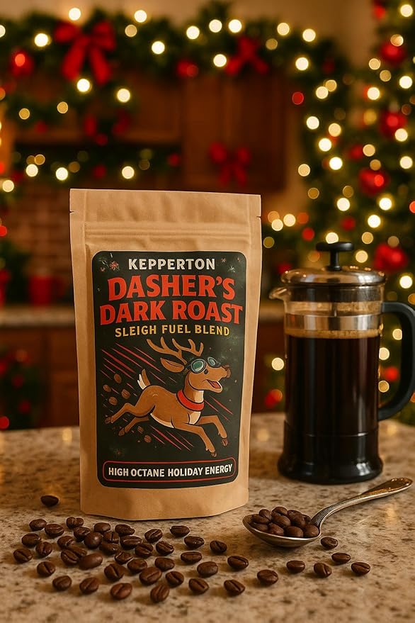 Kepperton Dasher’s Dark Roast Coffee Funny Holiday Coffee Gift, Sleigh Fuel Blend for Coffee Lovers and Reindeer Fans Teacher Stocking Stuffer Reindeer Stuff