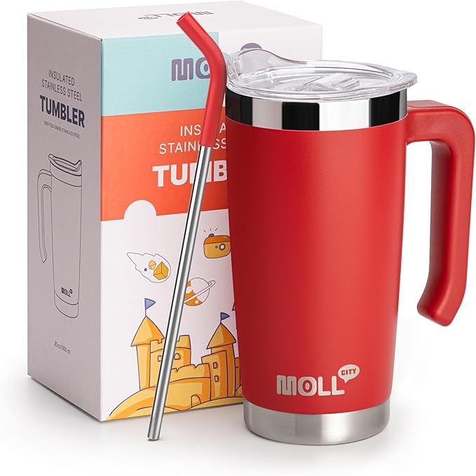 Kids Tumbler with Handle-20 oz Stainless Steel Double Wall Vacuum Insulated Cup with Leakproof Lid and Straw Travel Coffee Mug with Silicone Pad Non Slip (Canyon Red)