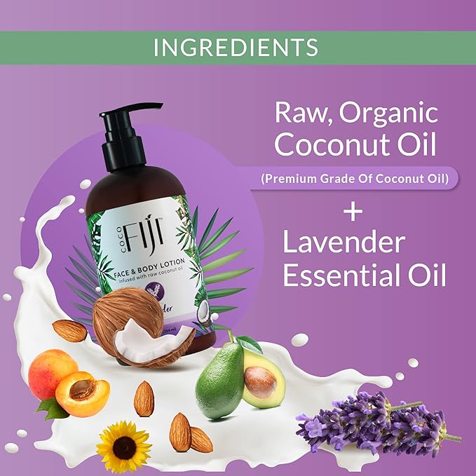 Coco Fiji Face & Body Lotion Infused With Coconut Oil | Lotion for Dry Skin | Moisturizer Face Cream & Massage Lotion for Women & Men |Lavender 12 ozPack of 3
