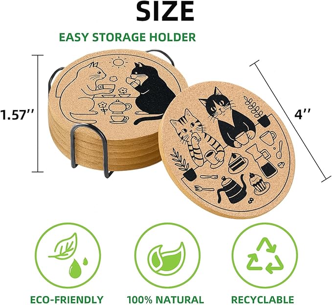 Coasters for Drinks with Holder Set of 6, Cat Cork Coaster Absorbent for Office Desk Table Coasters Kitchen Decor House Warming Gifts for New Home Couples, Round 4"
