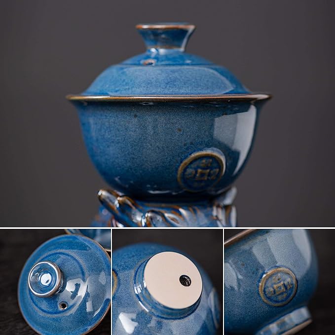 Ceramic Teapot with Infuser Semi Automatic Tea Set Magic Teapot with 8 cups Gradient Color (Blue Dragon- C)