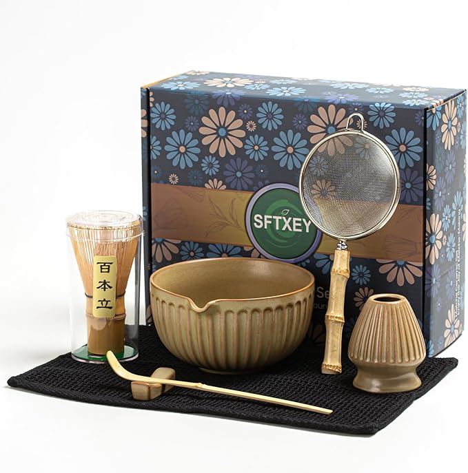 Matcha Whisk Set, Matcha Set Includes Ceramic Matcha Bowl, Matcha Whisk and Holder, Bamboo Scoop, Sifter, Scoop Rest and Tea Towel - 7 Pcs Matcha Making Kit for Matcha Lover and Tea Ceremony