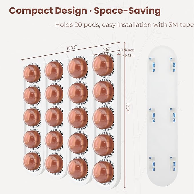 Bamboo Coffee Pod Holder, Adhesive Wall Mount (No Drilling) for Inside Cabinet Door, 20-Capsule Storage (Set of 4), Vertical & Horizontal, Compatible with Nespresso Vertuo Line-White