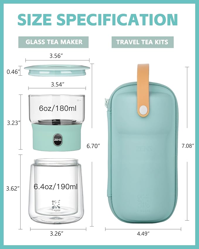 ZENS Modern Glass infuser Teapot, Small One Touch Tea Maker for Loose Tea Diffusers with 200ml Insulated Cup and Blue Portable Carry Case, Magic Gongfu Tea Pot for Tea Lovers Gifts