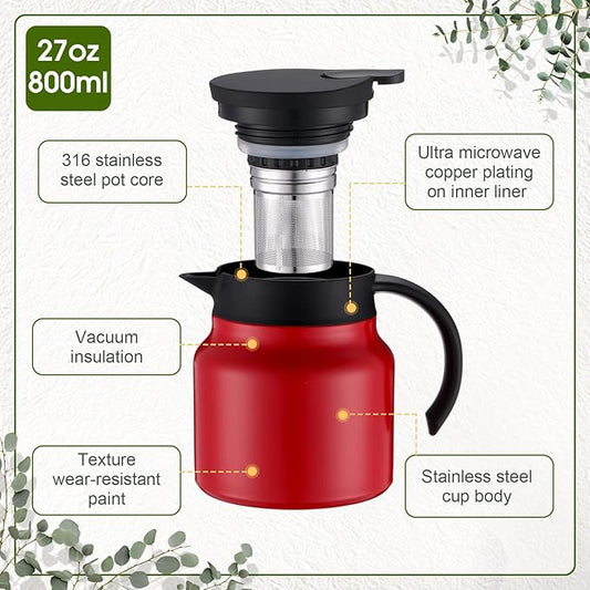 2 Pcs Thermal Coffee Carafe for Keeping Hot/Cold Stainless Steel Small Coffee Creamer Container Double Wall Vacuum Insulated Tea pot Beverage Dispenser for Milk Hot Chocolates(Red,27 oz)
