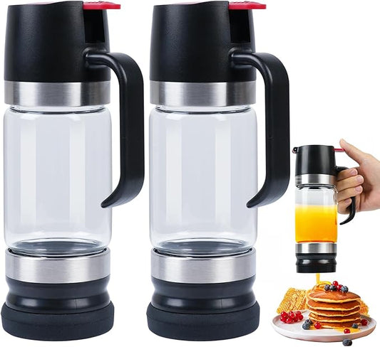 Ecopandy Honey Dispenser No Drip with Stand, 12 OZ Glass Honey Jar, Syrup Dispenser, Easy One Hand Use Honey Pot for Coffee or Tea, Mess Free Honey Dispenser for Syrup, Honey Container (2PCS Black)