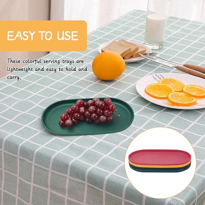 4Pcs Oval Serving Tray, 9.5 x 5.1in Plastic Tray Food Tray, Colourful Serving Platters for Party Entertaining Snack Dessert Coffee Table, Small