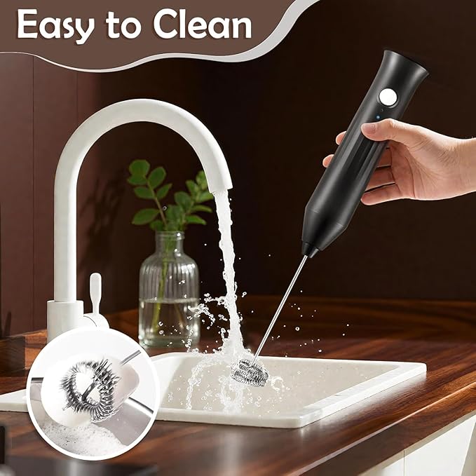 Powerful Milk Frother - Electric Handheld Milk Foam Maker with Stand, Milk Jug and 2 Stainless Steel Whisks, Rechargeable 3 Speeds for Coffee Lattes Cappuccino Matcha（Black）