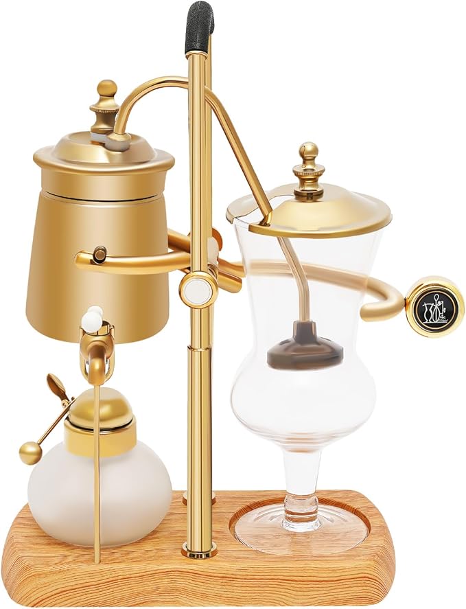 Balance Siphon Coffee Maker, 13.53OZ Manual Vintage Coffee Brewer, Belgian Family Balance Siphon Coffee Maker with Wooden Base for Home, Kitchen, Coffee Shops (Gold)