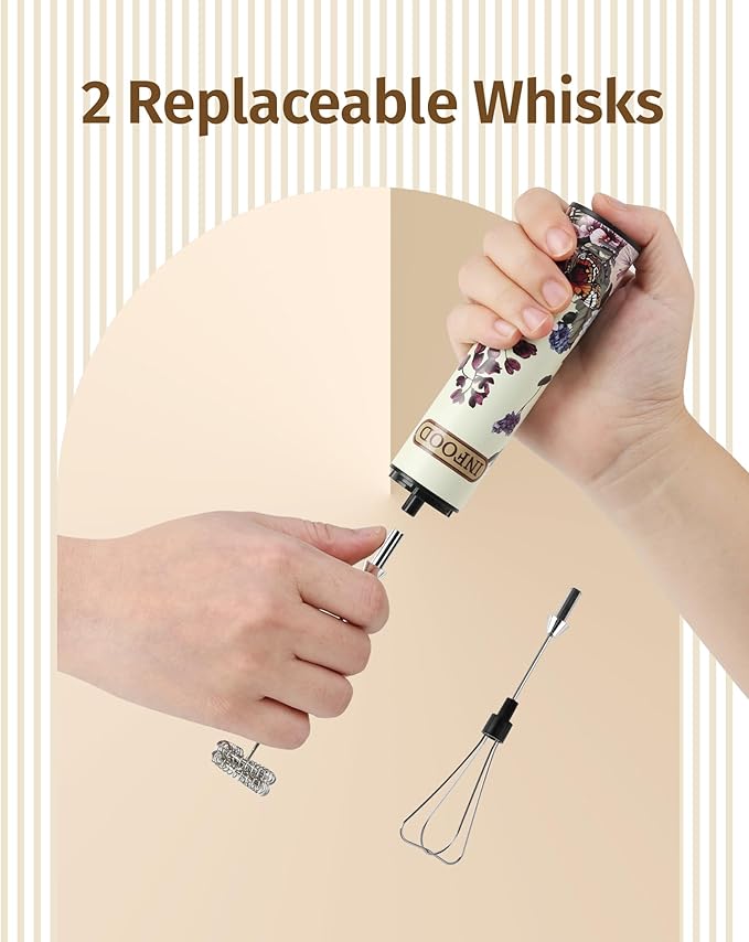 INFOOD Milk Frother Rechargeable with Cover - Coffee Frother Wand, Drink Mixer Handheld with 2 Detachable Stainless Whisks 2 Speed Adjustable for Latte, Cappuccino, Hot Chocolate, Egg, Vintage Floral